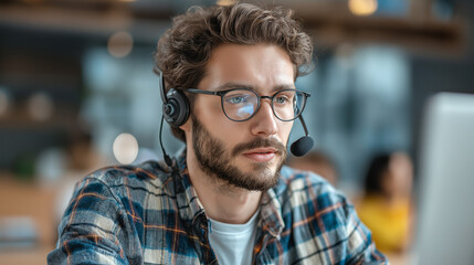 Man wearing headset working remotely
