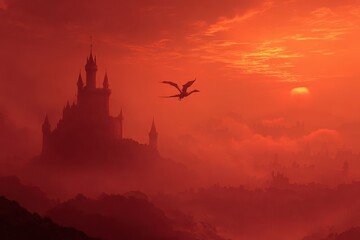 Dragon Guarding Castle in Fiery Red Landscape