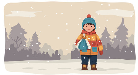 Cheerful child with arm in sling standing in snowy landscape during snowfall
