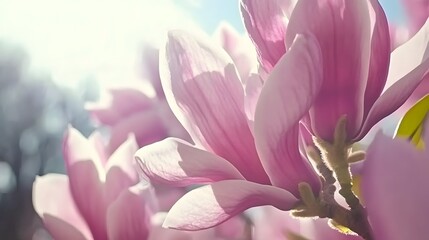Fototapeta premium Magnolia blossom petals close up with sun light, springtime floral nature