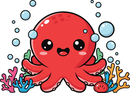 Cute Cartoon Octopus Vector Underwater with Coral Reefs and Bubbles &ndash; Fun Sea Animal Illustration for Kids and Ocean-Themed Designs