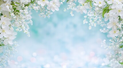 Floral frame with white flowers and bokeh on turquoise background