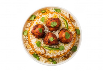 Chicken biryani with spices and herbs isolated on a transparent background