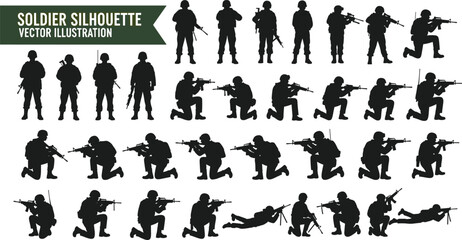 Black Soldier Silhouette Vector Set Featuring Military Poses, Tactical Stances, Combat Actions, Army Positions, Rifle Aiming, Kneeling, Prone