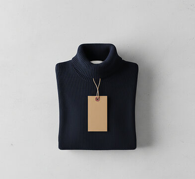 Dark navy blue turtleneck sweater mockup with a blank cardboard price tag. Top view flat lay for a classic winter fashion brand.