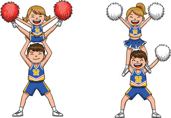 Cartoon Cheerleader Stunt Vector Featuring Male and Female Pair, Pom-Poms, Athletic Pose, Teamwork, Performance, Uniform, Balance, Coordination