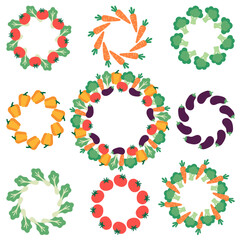 Set of colorful vegetable wreaths with carrots, tomatoes, and broccoli, perfect for eco food design, vegan labels, and healthy lifestyle themes.
