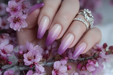 Fototapeta premium Ombre Pink Nails and Cherry Blossom Flowers