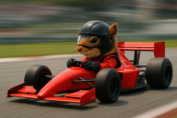 Squirrel Racing in Red Formula Car with Helmet on Track