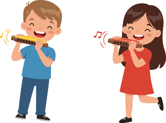 Cartoon Children Playing Harmonica Vector Featuring Musical Notes, Joyful Expression, Music Fun, Cultural Instrument, Kids Performance, Sound Illustration