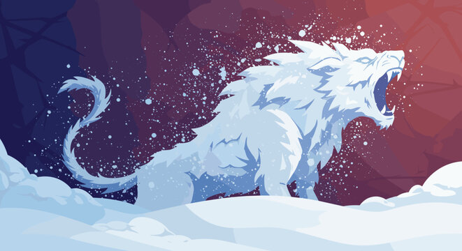 Majestic white lion roaring in a snowy environment with a gradient background
