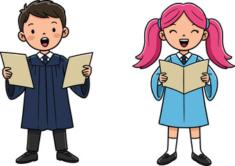 Cartoon Children Singing Vector Featuring Choir Robes, Open Books, Performance Pose, Educational Activity, Joyful Expression, School Music Illustration