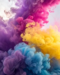 Obraz premium Dynamic Colorful Smoke Cloud Background - Vibrant Abstract Ink Swirl in Water, Pink, Yellow, and Blue Art