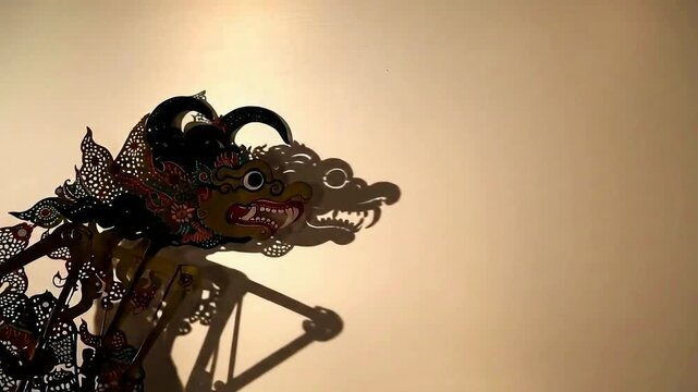 An intricately designed Indonesian Wayang Kulit shadow puppet is displayed with a moving light source altering the shadow it casts on the wall.