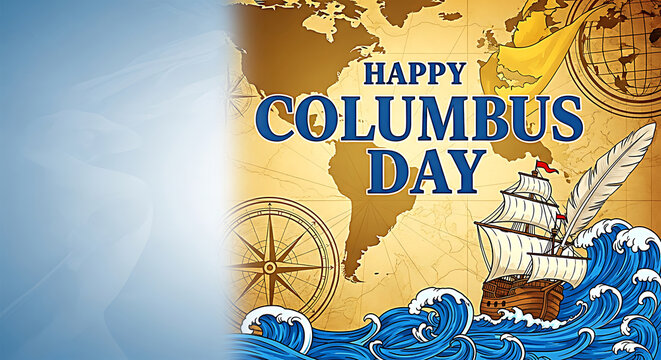 Happy Columbus Day sailing ship and world map illustration holiday celebration - Powered by Adobe