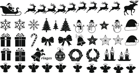 Christmas Silhouette Vector Set Featuring Santa Sleigh, Reindeer, Angels, Gifts, Snowflakes, Trees, Hats, Candles, and Holiday Icons