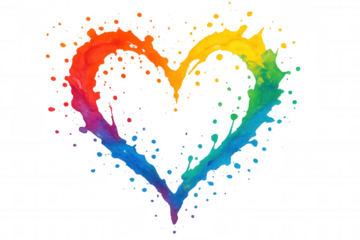Rainbow paint splash forming vibrant heart shape, representing love, lgbt pride, connection, and abstract fluid art, transparent background