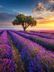 Obraz premium Tranquil scene of a solitary tree standing amidst a vibrant field of purple lavender flowers under a breathtaking sunset sky in Provence.