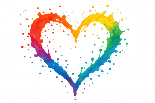Rainbow paint splash forming vibrant heart shape, representing love, lgbt pride, connection, and abstract fluid art, transparent background