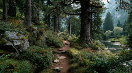 Obraz premium Scenic forest path winding through lush greenery beside a tranquil river