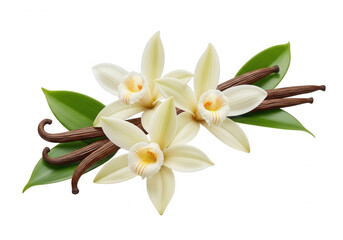 Vanilla flowers and pods isolated on a transparent background