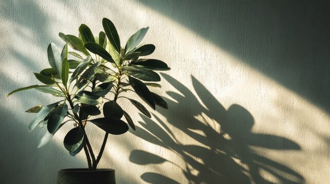 Elegant indoor houseplant with lush green leaves, natural sunlight shadow creating a calming and vibrant botanical decor for modern, eco-friendly environments