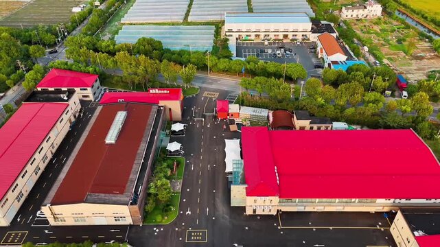 Aerial View of Industrial Zone with Red Roof Factories