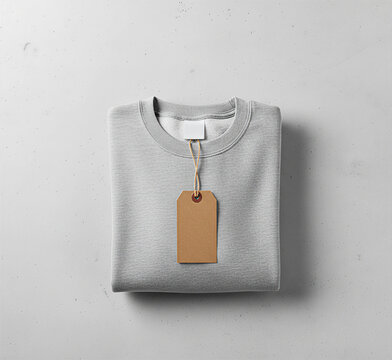 Heather grey crewneck sweatshirt mockup with a blank cardboard price tag and neck label. Top view flat lay for brand design.
