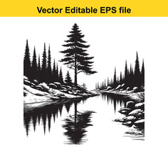 Vector art of artistic ink drawing of a forest river with rocky banks and pine trees