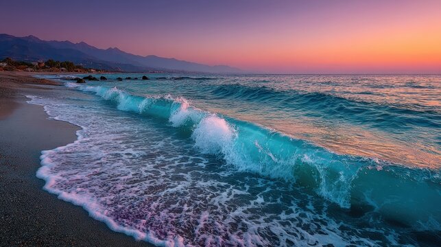 Beautiful scenic beach with vibrant sunset over ocean waves, tranquil shoreline, colorful sky, and peaceful coastal landscape capturing nature's serenity - Powered by Adobe