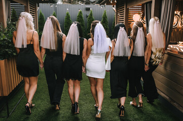 Many beautiful young women, girls at a bachelorette party with veils on their backs, in dresses, walking, dancing, having fun at a pre-wedding party.