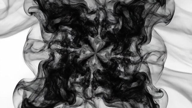 Abstract black smoke swirl kaleidoscope pattern on white background for dark creative graphic design