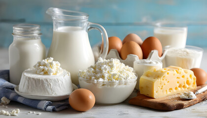 Fresh dairy products, milk, cottage cheese, eggs, yogurt, sour cream and butter on kitchen table