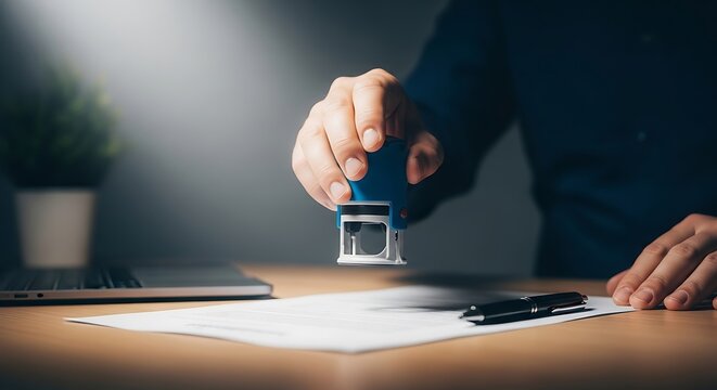 Hand holding a stamp over a document on a desk with laptop and plant - Powered by Adobe
