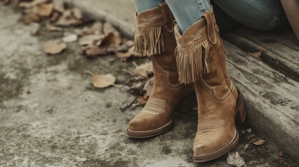 A close-up of a woman's legs wearing brown suede fringe boots. The outfit features a casual fall style with a monochrome look and tactile details.