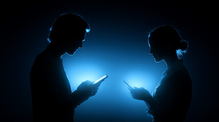 man and woman texting on mobile phones with glowing blue light in the dark Silhouettes 