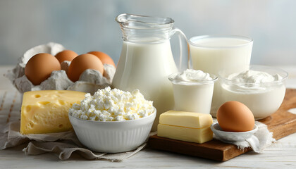 Fresh dairy products, milk, cottage cheese, eggs, yogurt, sour cream and butter on kitchen table