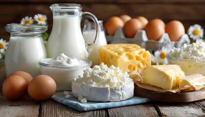 Fresh dairy products, milk, cottage cheese, eggs, yogurt, sour cream and butter on kitchen table