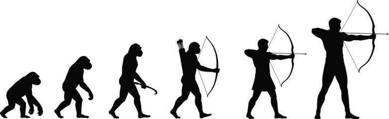 Human evolution to archer concept, prehistoric to modern man progression, evolution of hunting skills illustration, primitive to advanced weapon development vector design
