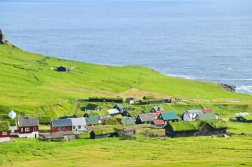 Quiet Morning in Mykines Village Surrounded by Cliffs and Ocean, Tranquil Faroe Islands Countryside Scene