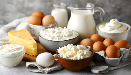 Fresh dairy products, milk, cottage cheese, eggs, yogurt, sour cream and butter on kitchen table