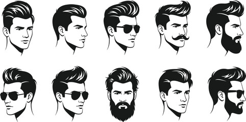 Male Hairstyle and Beard Silhouette Set Featuring Diverse Haircuts, Facial Hair, Accessories, and Profiles for Fashion, Grooming, and Design