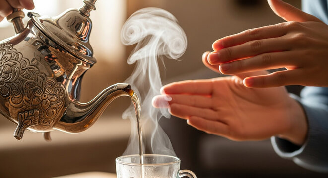 Closeup of hands warming over a cup of hot tea being poured from a silver teapot, creating steam, offering a comforting and relaxing moment - Powered by Adobe