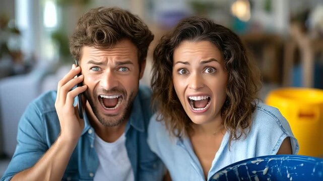 Frustrated couple yelling into a phone, calling for a plumber while water from a leaking roof drips into buckets in their living room, home pipe burst stress, couple insurance frus