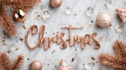 Premium rose gold CHRISTMAS typography on marble surface with pine branches and crystal ornaments