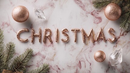 Premium rose gold CHRISTMAS typography on marble surface with pine branches and crystal ornaments