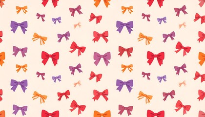 Whimsical repeating pattern of colorful bows against a light beige backdrop