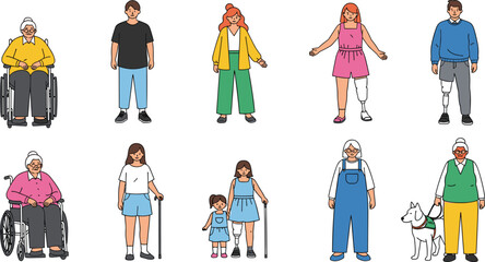 clusive character illustration, diverse people, disability representation, cartoon group, wheelchair users, prosthetic leg, guide dog, age diversity, casual fashion, social awareness