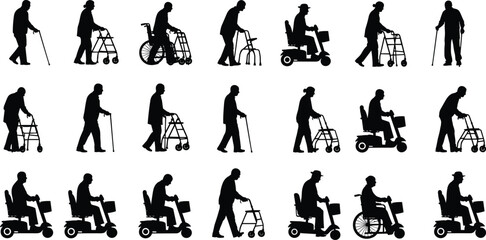 Mobility aid silhouettes of diverse individuals using walkers, wheelchairs, scooters, black vector icons for accessibility, healthcare, and inclusion themes