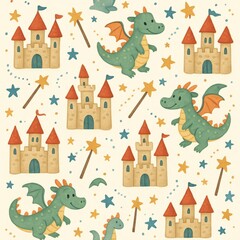 Whimsical Fairy Tale Pattern with Dragons and Castles